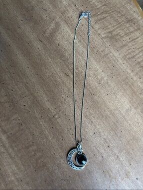Silver Crescent Moon Necklace with Black Stone Pendant